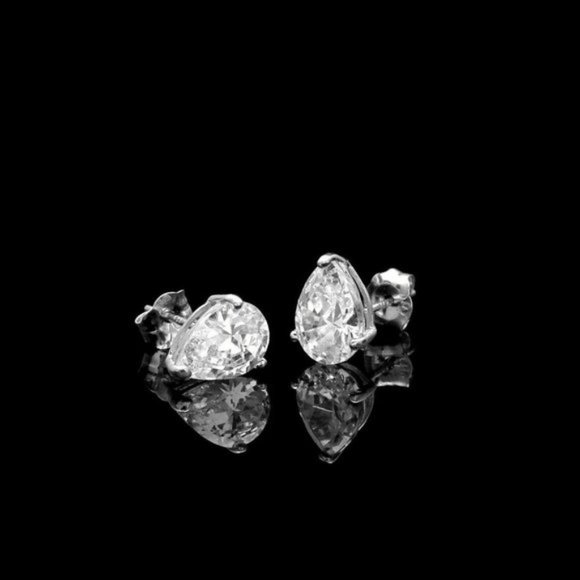 Real 14K Solid White Gold Pear Shaped Pushback Studs with White Stone 6x4mm - Picture 3 of 6